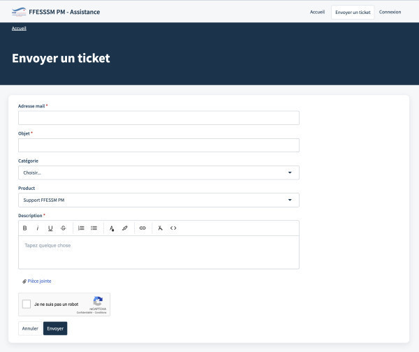 Copie d'écran du formulaire de ticketing de la CTR